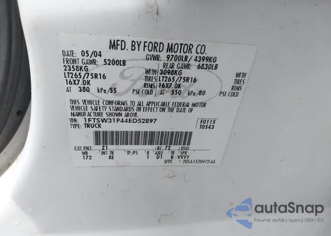 2004 Ford F-350 Lariat/Xl/Xlt from USA, damaged, VIN 1FTSW31P44ED52897